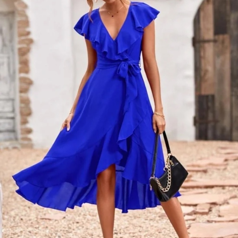 Boho navy blue ruffle hem wrap belted maxi dress - Picture 7 of 13